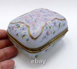 Antique French light blue Opaline glass with brass and the lid hand-painted with