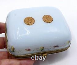 Antique French light blue Opaline glass with brass and the lid hand-painted with