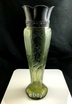Antique French or Bohemian CAMEO GLASS 14 1/4 Vase with Ornate Metal Collar
