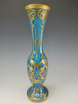 Antique French or Bohemian Elegant Gilt Blue Opaline 12 Tall Glass Vase