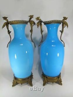 Antique French pair of blue opaline & bronze vases # 20053