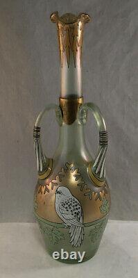 Antique Fritz Heckert Iridescent Glass Enamel Gilt Bird Cypern Vase Art Nouveau