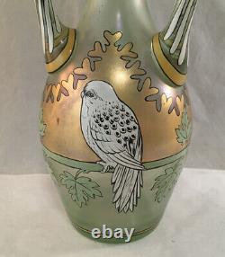 Antique Fritz Heckert Iridescent Glass Enamel Gilt Bird Cypern Vase Art Nouveau