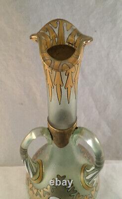 Antique Fritz Heckert Iridescent Glass Enamel Gilt Bird Cypern Vase Art Nouveau