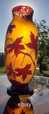 Antique Grapes and Vines French Cameo Glass Vase Signed 10.25 Tall