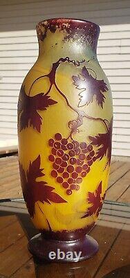 Antique Grapes and Vines French Cameo Glass Vase Signed 10.25 Tall