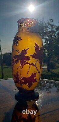 Antique Grapes and Vines French Cameo Glass Vase Signed 10.25 Tall