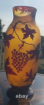 Antique Grapes and Vines French Cameo Glass Vase Signed 10.25 Tall