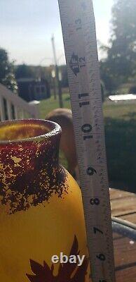 Antique Grapes and Vines French Cameo Glass Vase Signed 10.25 Tall