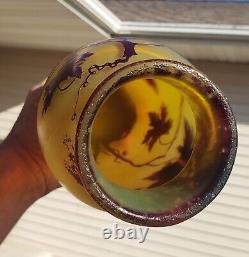 Antique Grapes and Vines French Cameo Glass Vase Signed 10.25 Tall