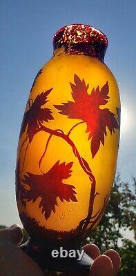 Antique Grapes and Vines French Cameo Glass Vase Signed 10.25 Tall