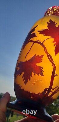 Antique Grapes and Vines French Cameo Glass Vase Signed 10.25 Tall