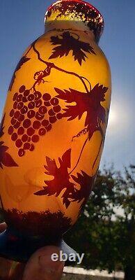 Antique Grapes and Vines French Cameo Glass Vase Signed 10.25 Tall