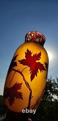Antique Grapes and Vines French Cameo Glass Vase Signed 10.25 Tall