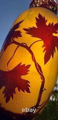 Antique Grapes and Vines French Cameo Glass Vase Signed 10.25 Tall