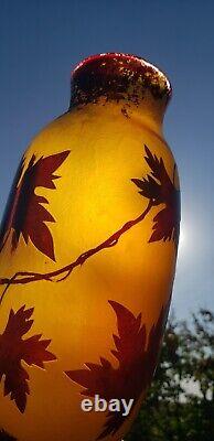 Antique Grapes and Vines French Cameo Glass Vase Signed 10.25 Tall