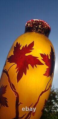 Antique Grapes and Vines French Cameo Glass Vase Signed 10.25 Tall