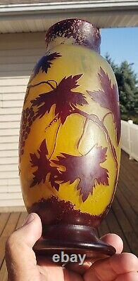 Antique Grapes and Vines French Cameo Glass Vase Signed 10.25 Tall