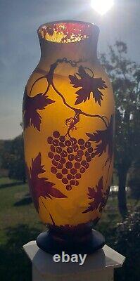 Antique Grapes and Vines French Cameo Glass Vase Signed 10.25 Tall
