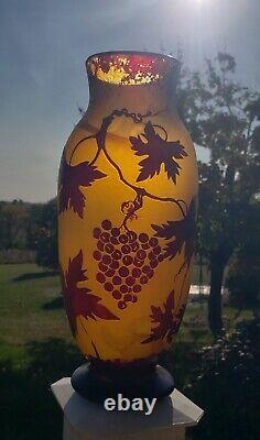 Antique Grapes and Vines French Cameo Glass Vase Signed 10.25 Tall