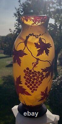 Antique Grapes and Vines French Cameo Glass Vase Signed 10.25 Tall