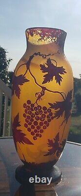Antique Grapes and Vines French Cameo Glass Vase Signed 10.25 Tall