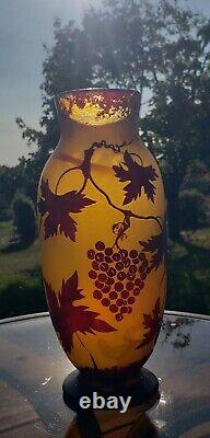 Antique Grapes and Vines French Cameo Glass Vase Signed 10.25 Tall