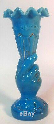Antique HAND holding VASE FRENCH BLUE Glass Gold detail Victorian