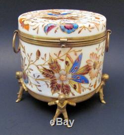 Antique HP French Enamel Butterfly Decoration Opaline Glass Powder Jar 1900