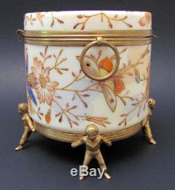 Antique HP French Enamel Butterfly Decoration Opaline Glass Powder Jar 1900