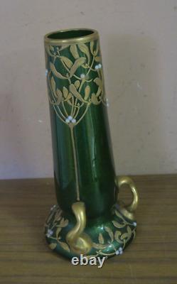 Antique Hand Painted Art Nouveau Green Gold Glass Vase French 13 Montjoye
