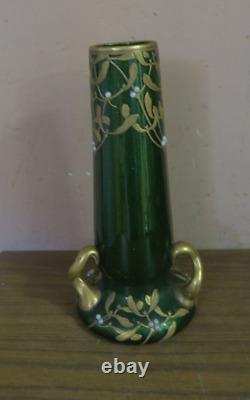 Antique Hand Painted Art Nouveau Green Gold Glass Vase French 13 Montjoye