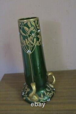 Antique Hand Painted Art Nouveau Green Gold Glass Vase French 13 Montjoye