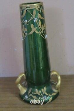 Antique Hand Painted Art Nouveau Green Gold Glass Vase French 13 Montjoye