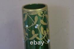 Antique Hand Painted Art Nouveau Green Gold Glass Vase French 13 Montjoye