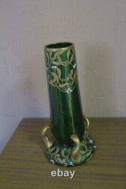 Antique Hand Painted Art Nouveau Green Gold Glass Vase French 13 Montjoye