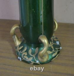 Antique Hand Painted Art Nouveau Green Gold Glass Vase French 13 Montjoye