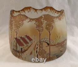 Antique Hand Painted French Art Glass Pillow Vase Lustre Decorated Cottage Scene