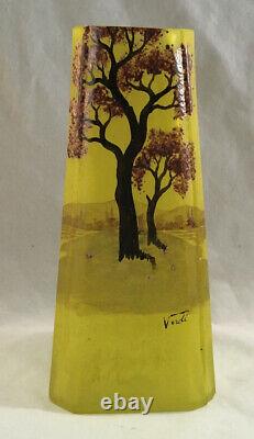Antique Hand Painted French Art Glass Vase Signed Verdi Tree Landscape