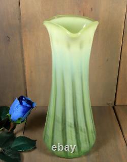 Antique LARGE French Victorian Vaseline Glass Vase Opalescent Swirl Green 1880s