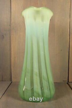 Antique LARGE French Victorian Vaseline Glass Vase Opalescent Swirl Green 1880s