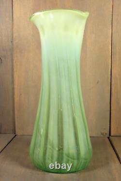 Antique LARGE French Victorian Vaseline Glass Vase Opalescent Swirl Green 1880s