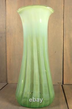 Antique LARGE French Victorian Vaseline Glass Vase Opalescent Swirl Green 1880s