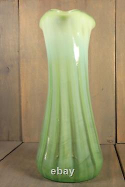 Antique LARGE French Victorian Vaseline Glass Vase Opalescent Swirl Green 1880s