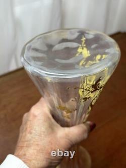 Antique LEGRAS ART NOUVEAU Blown Glass Vase FRENCH GILT ENAMELED OPTIC 9 5/8