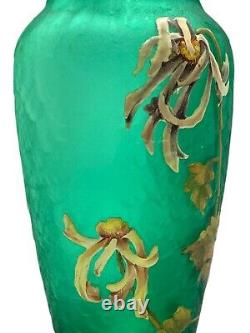 Antique LEGRAS Green Textured French Cameo Glass Vase with Yellow Flowers