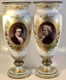 Antique Large French Opaline Baccarat Gilt Portrait Vases of Beethoven & Mozart