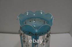 Antique Light Blue Opaline Glass Mantle Luster Vase withFrench Cut Crystal Prisms