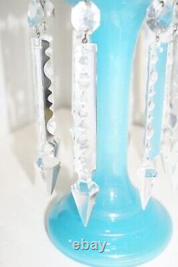 Antique Light Blue Opaline Glass Mantle Luster Vase withFrench Cut Crystal Prisms