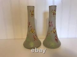 Antique Likely French Art Glass Pair of Vases Painted Enamel Flowers Decoration